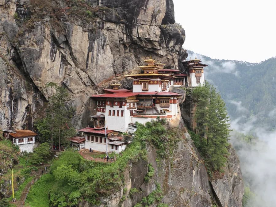 The road climbing towards Paro Taktsang in the Bhutanese Himalayas