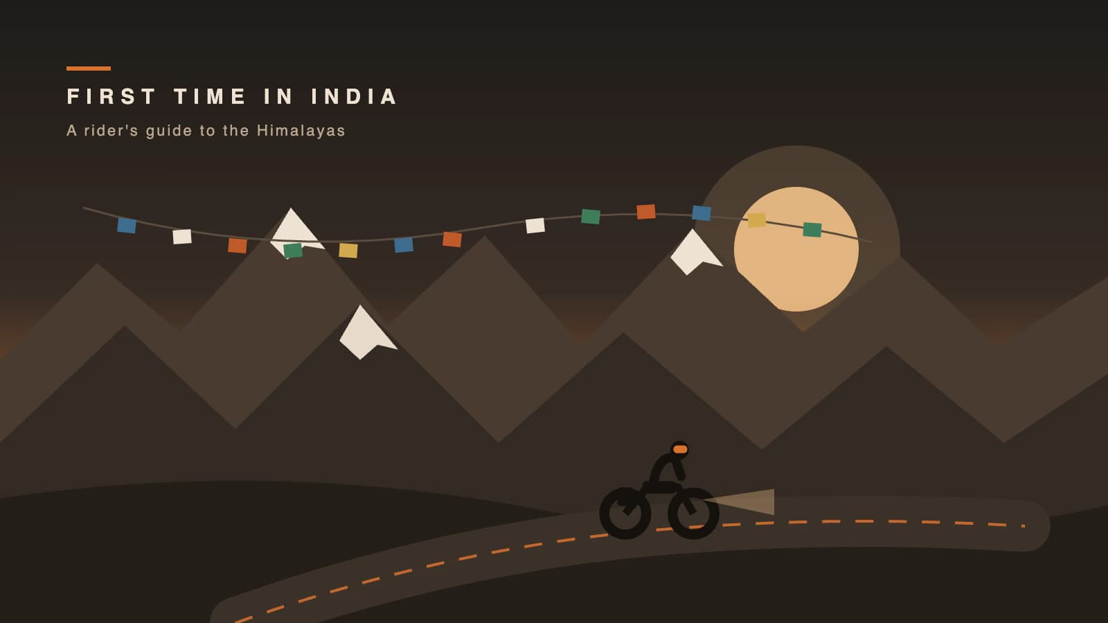 Illustration of a motorcyclist riding a high Himalayan pass at dusk with prayer flags
