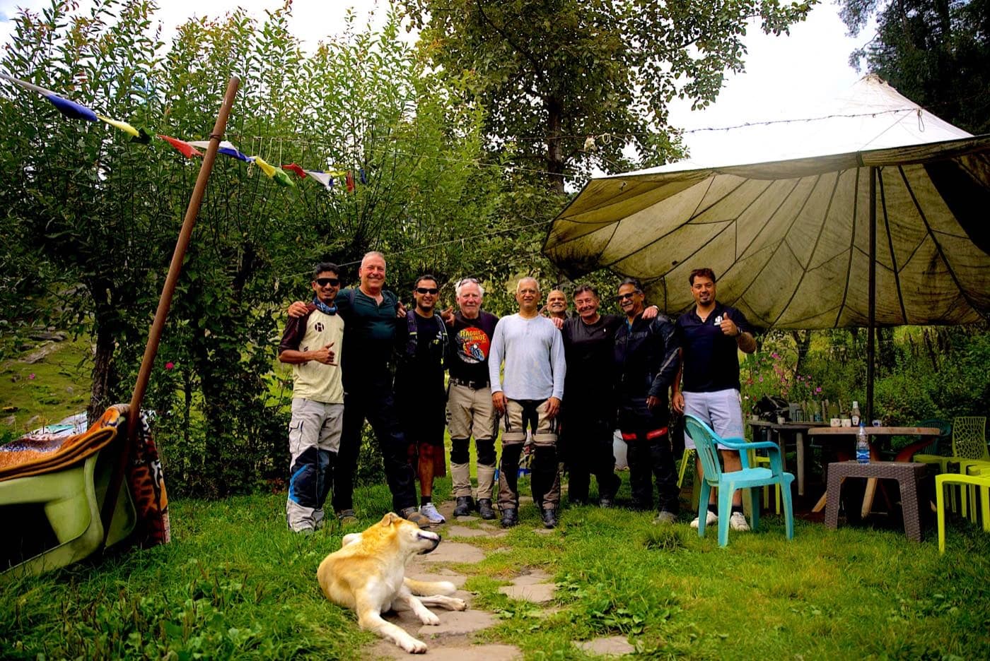 Offhorizon Adventures riders and crew at the lunch stop in Sethan on Day 2 of the Himalayan motorcycle tour