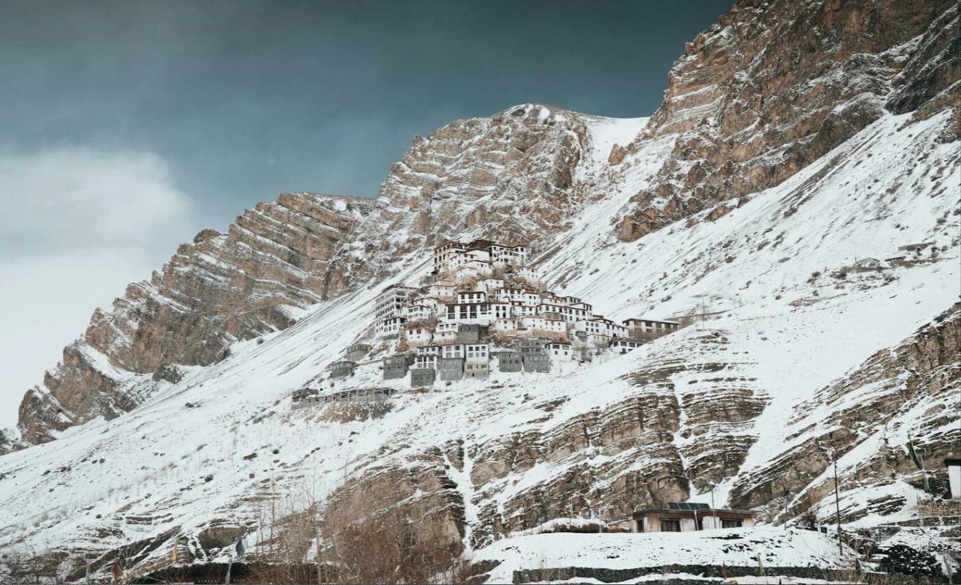 Key Monastery covered in snow in Spiti Valley in winter