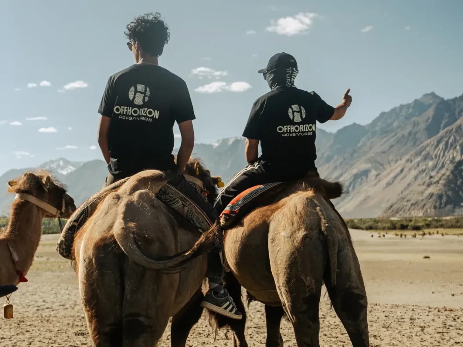 Riders taking a Bactrian camel ride across the sand dunes of Nubra Valley, Ladakh