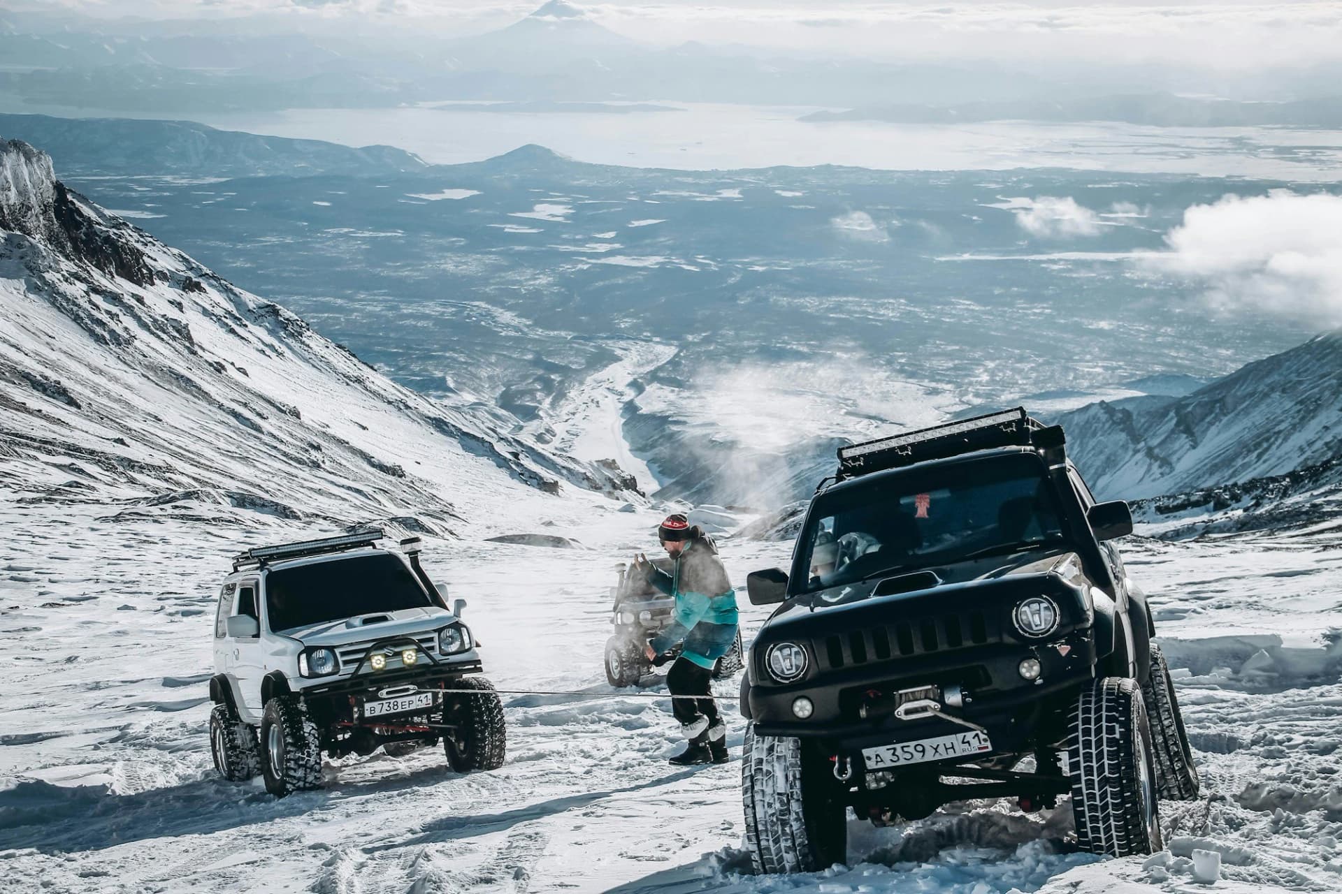 Winter Spiti Self Drive Expedition — 4×4 convoy on snow-covered road near Kaza, Spiti Valley