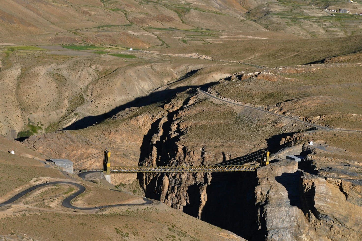 Chicham Bridge, Asia's highest suspension bridge at 4,145 m, spanning the gorge between Kibber and Chicham in Spiti Valley
