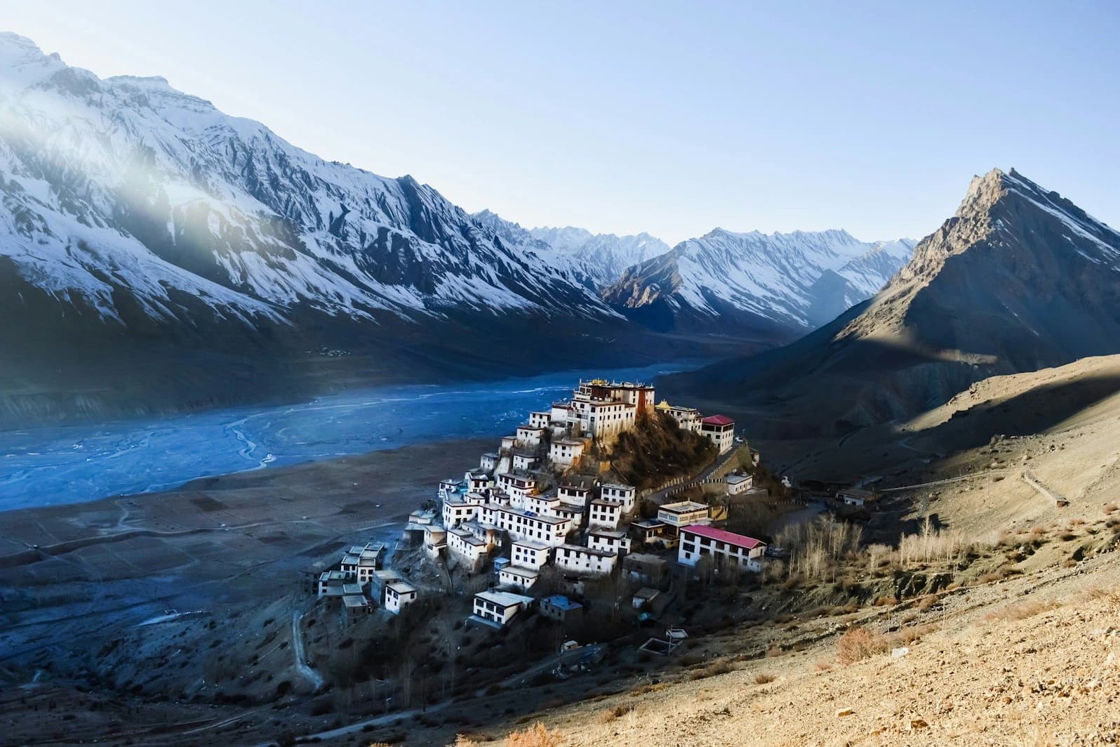 Key Monastery on a snow-covered hill in Spiti Valley in winter, without the summer crowd