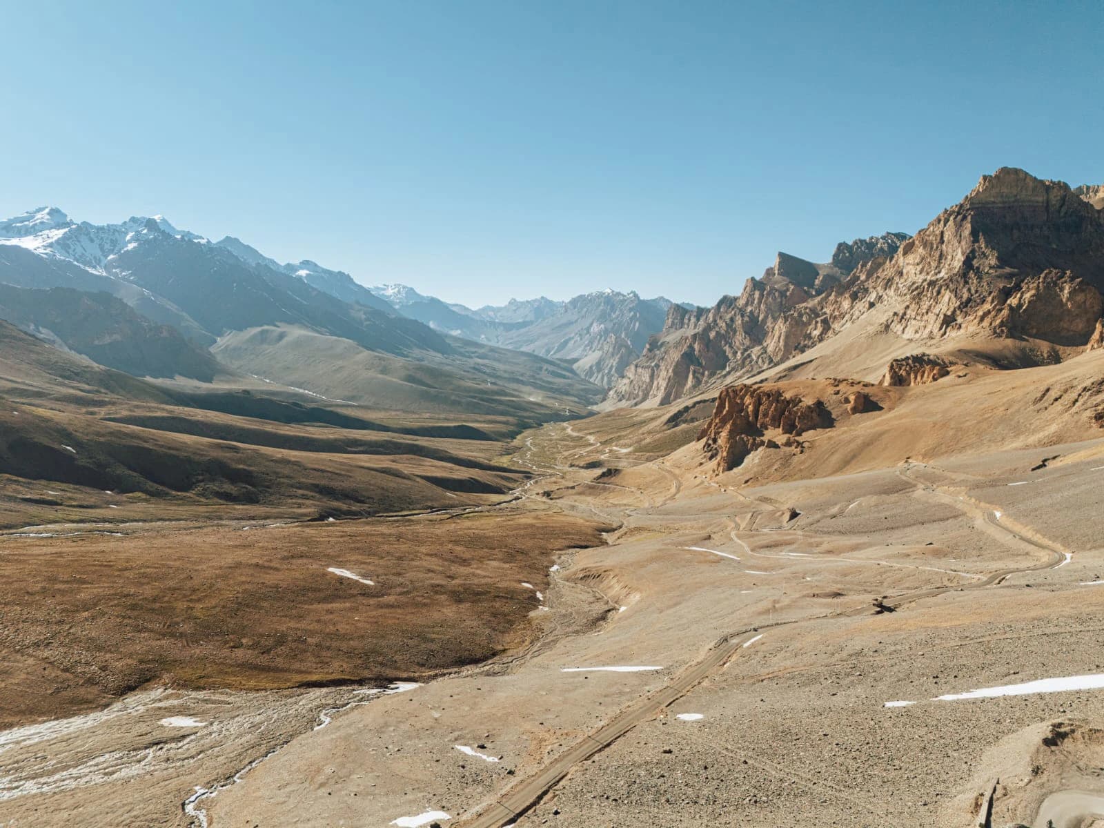 Rugged high-altitude valley and snow-capped peaks in the Indian Himalayas