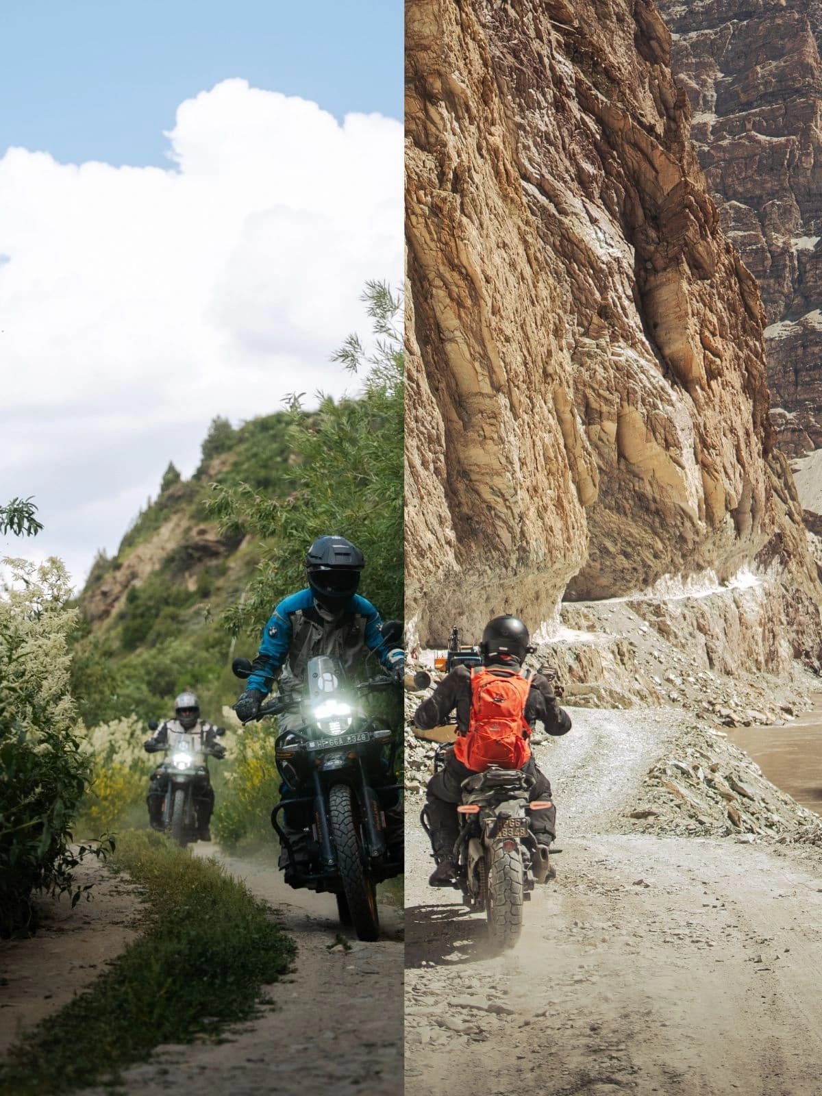 Motorcyclists riding through green and dry Himalayan landscapes